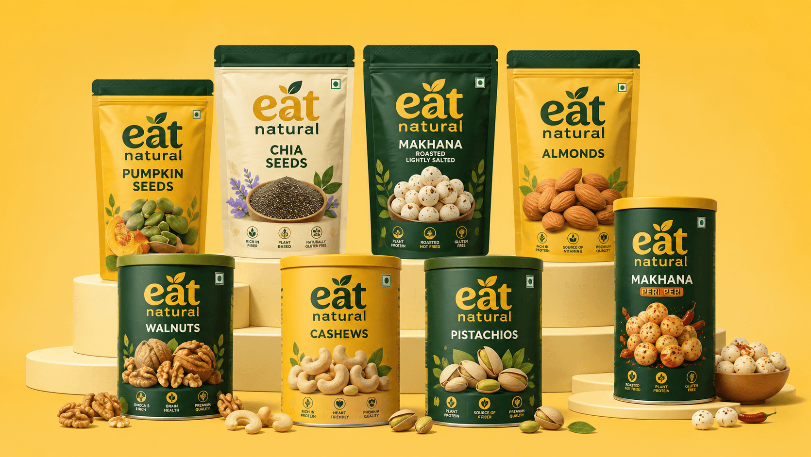 Eat Natural product range — moment mixes of almonds, cashews, walnuts, pistachios, seeds and makhana